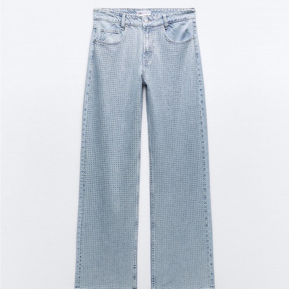 zara rhinestone trf wide leg jeans